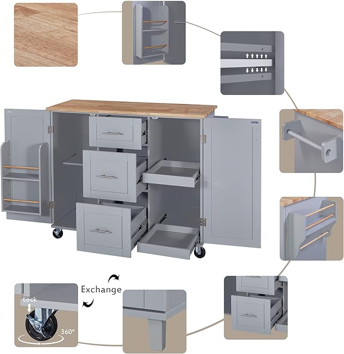 50Inch Rolling Kitchen Island Cart with Internal Cabinet, 3 Drawers and Storage Shelf, Kitchen-Island Table on Wheels w/Rubber Wood Top, Spice Rack, for Dining Room House Bar - LeafyLoom