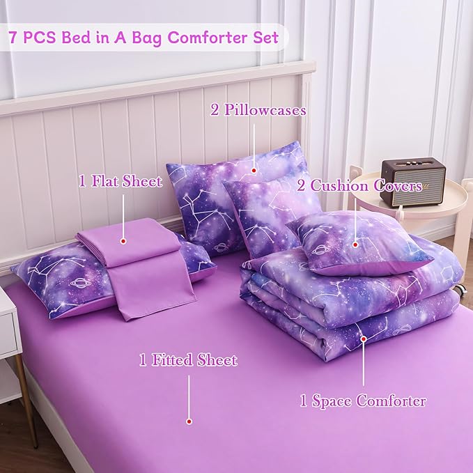 Twin Comforter Set for Girls Galaxy Bedding 7pieces, Ombre Bedding Comforter Sets Rainbow Comforter, Glitter Bedding Twin Teen Comforter Sets for Girls（Multicolor - LeafyLoom