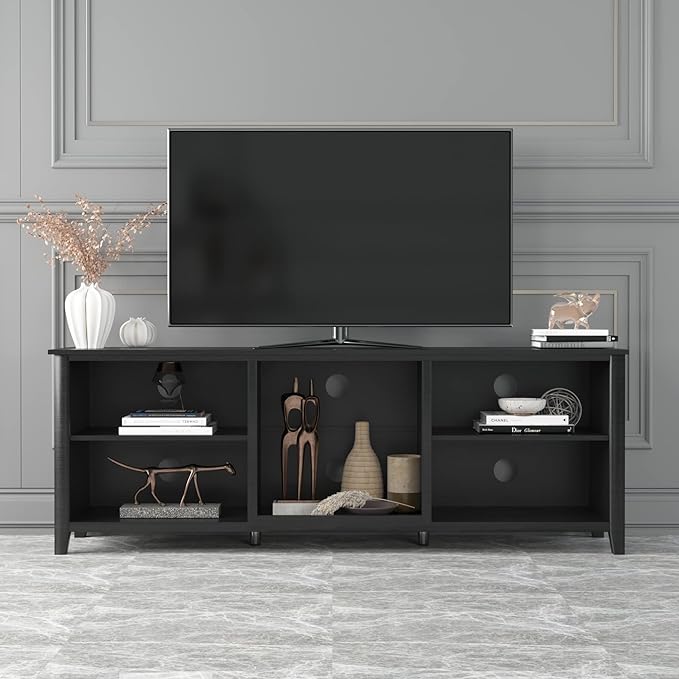 NicBex TV Stand for 60 Inch TV TV Console Table with 5 Open Storage Compartments Cabinet for TV Box,Entertainment Center with Storage for Living Room,Bedroom,70.08 Inch,Black - LeafyLoom