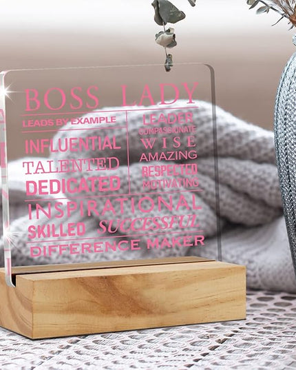 Inspirational Boss Appreciation Gift Boss Lady Gifts for Women, Pink Boss Lady Desk Decor Acrylic Desk Plaque Sign with Wood Stand Home Office Desk Sign Keepsake - LeafyLoom