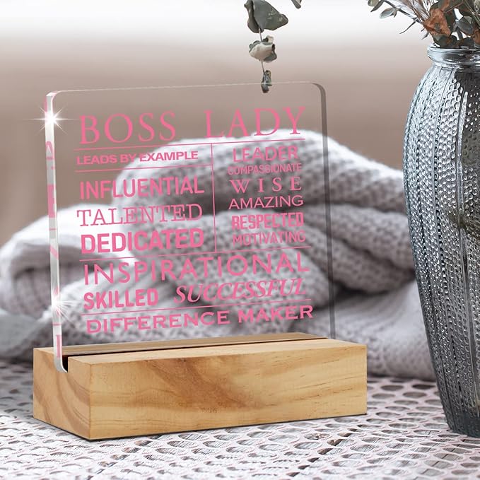 Inspirational Boss Appreciation Gift Boss Lady Gifts for Women, Pink Boss Lady Desk Decor Acrylic Desk Plaque Sign with Wood Stand Home Office Desk Sign Keepsake - LeafyLoom