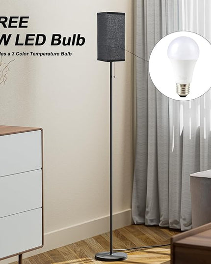 Black Floor Lamps for Living Room - 3 Color Temperature Standing Lamps with Pull Chain Switch, Tall Lamp for Office Home Nursery and Hotel, Pole Lamp with Black Lampshade for Reading - LeafyLoom