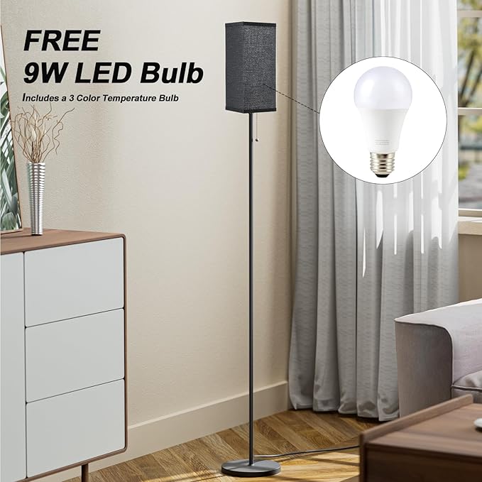Black Floor Lamps for Living Room - 3 Color Temperature Standing Lamps with Pull Chain Switch, Tall Lamp for Office Home Nursery and Hotel, Pole Lamp with Black Lampshade for Reading - LeafyLoom