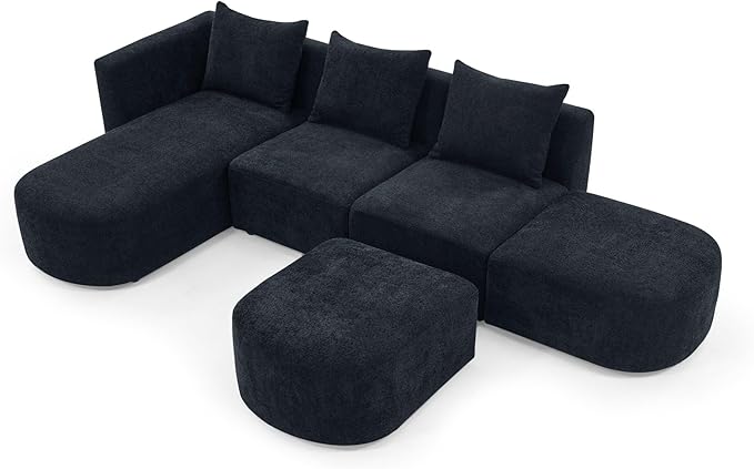 113" L-Shape Sectional Side Chaise and Ottoman, Modular Sofa, DIY Combination, Loop Yarn Fabric for Living Room, Apartment, 113inch, Black Left - LeafyLoom