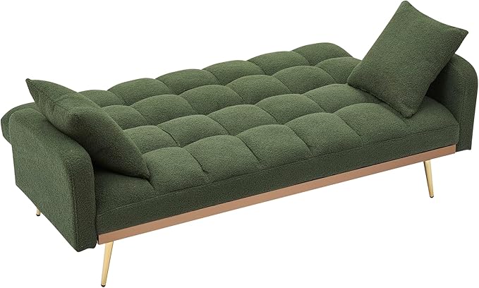 Fabric Teddy Fleece Folding Futon Sofa Bed w/Adjustable Backrests, 2 Seater Tufted Convertible Lounge Couch Recliner Loveseat with Metal Golden Legs for Living Room, Office,Bedroom, Green 69" - LeafyLoom