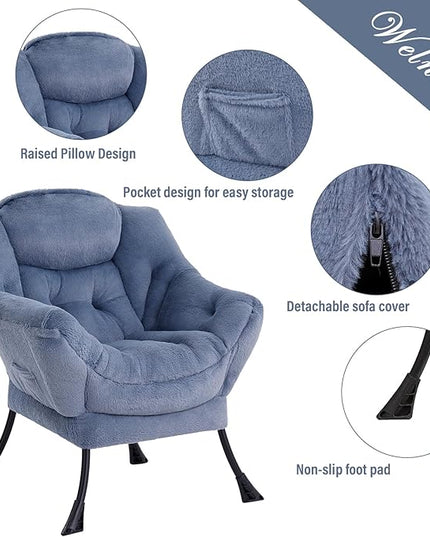 Welnow Lazy Chair with Ottoman, Modern Lounge Accent Chair with Armrests and a Side Pocket, Leisure Upholstered Sofa Chair Set, Reading Chair with Footrest for Small Space, Plush Light Blue - LeafyLoom