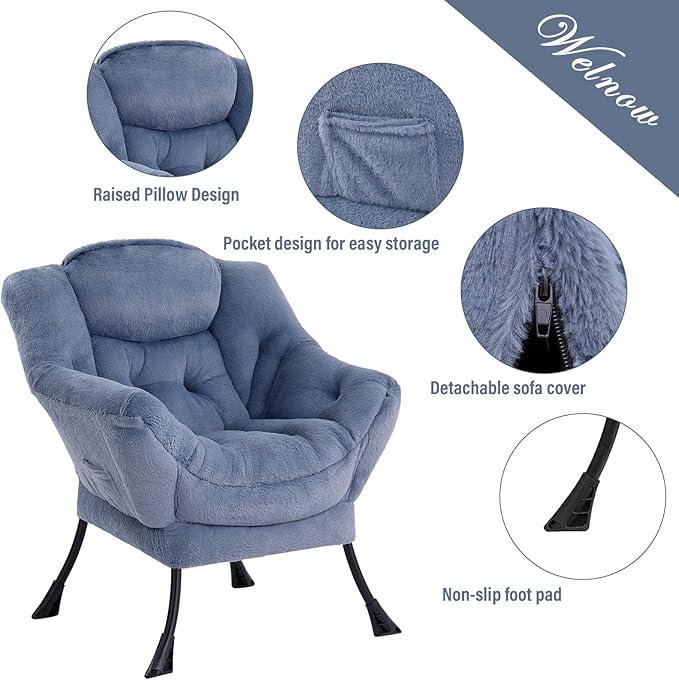 Welnow Lazy Chair with Ottoman, Modern Lounge Accent Chair with Armrests and a Side Pocket, Leisure Upholstered Sofa Chair Set, Reading Chair with Footrest for Small Space, Plush Light Blue - LeafyLoom