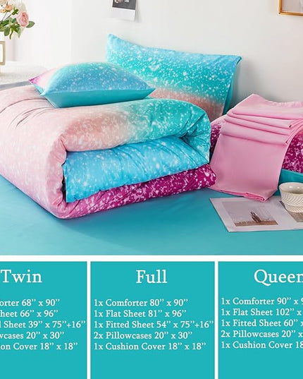 URBONUR Twin Bedding Set for Girls 6Pcs Bed in a Bag Gradient Tie Dye Pastel Aqua Comforter Set with Sheets, Soft Microfiber All Season Bed Sets (Multi, Twin Size) - LeafyLoom