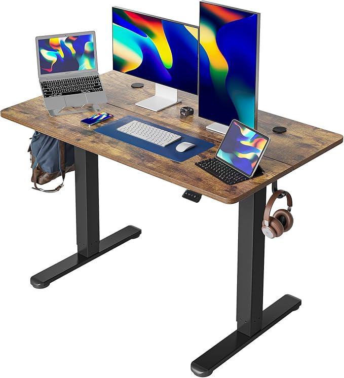Cubiker Standing Desk 48 x 24 Inch, Stand up Height Adjustable Desk, Home Office Electric Table, Sit Stand Desk with Splice Board, Black Frame & Rustic Brown Desktop - LeafyLoom