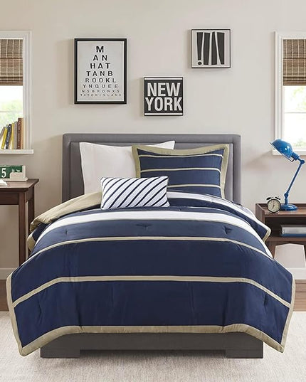Mi Zone Ashton Casual Comforter Set, Vibrant Colorblock Design, Modern Bedding Geometric Stripes All Season Cover, Matching Shams, Decorative Pillow, Twin/Twin XL, Khaki/Navy, 3 Piece - LeafyLoom