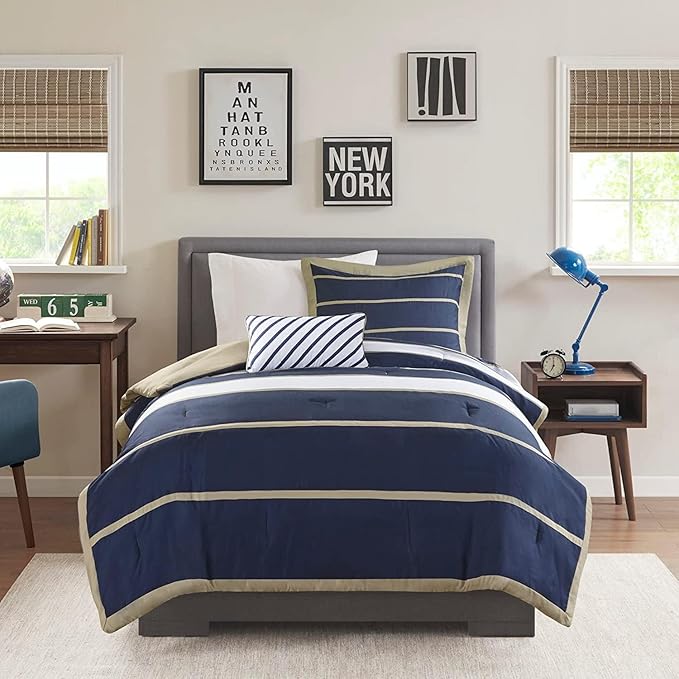 Mi Zone Ashton Casual Comforter Set, Vibrant Colorblock Design, Modern Bedding Geometric Stripes All Season Cover, Matching Shams, Decorative Pillow, Twin/Twin XL, Khaki/Navy, 3 Piece - LeafyLoom