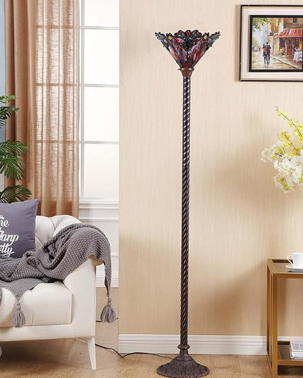 Bieye L10682 Baroque 67 inch Tiffany Style Stained Glass Torchiere Floor Lamp with 13 Inch Wide Handmade Lampshade, Metal Base with Dark Brown Baking Finish, Red - LeafyLoom