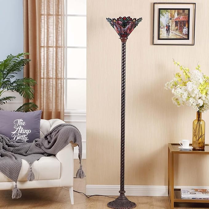 Bieye L10682 Baroque 67 inch Tiffany Style Stained Glass Torchiere Floor Lamp with 13 Inch Wide Handmade Lampshade, Metal Base with Dark Brown Baking Finish, Red - LeafyLoom