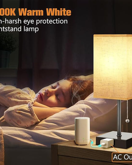Table Lamp for Bedroom Set of 2, 3 Color Bedside Lamps with AC Outlets, Square Pull Chain Nightstand Lamp for Living Room, Office Desk, LED Bulb Included - LeafyLoom