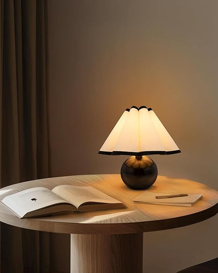 Brightech Blair LED Table Lamp - Small Modern Black Table Lamp with Marble Globe Base, Pleated Shade for Bedroom, Bedside, Side Table - Ambient Night Light with Soft White Light for Desk, Living Room - LeafyLoom