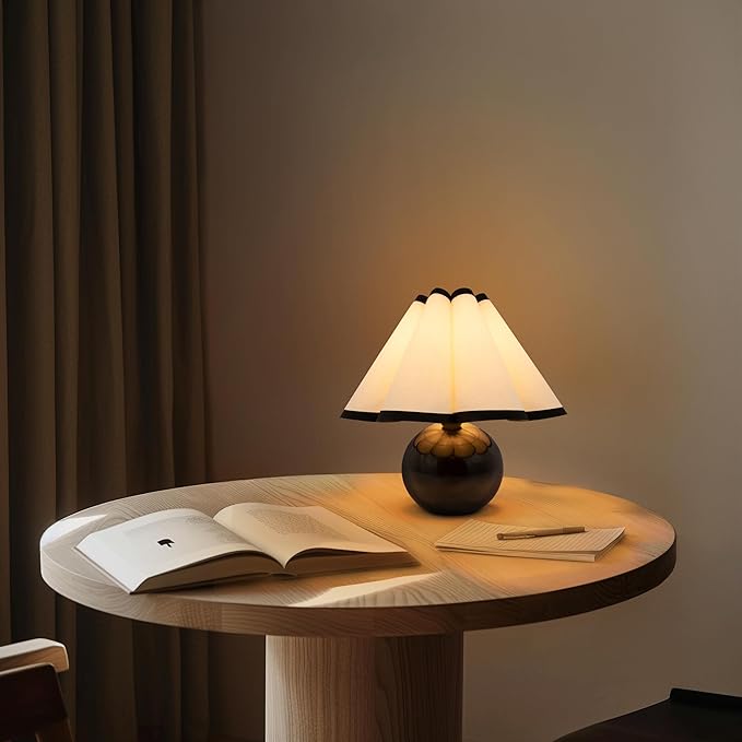 Brightech Blair LED Table Lamp - Small Modern Black Table Lamp with Marble Globe Base, Pleated Shade for Bedroom, Bedside, Side Table - Ambient Night Light with Soft White Light for Desk, Living Room - LeafyLoom