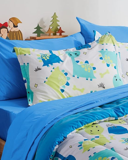 SLEEP ZONE Kids Twin Bedding Comforter Set - Super Cute & Soft Kids Bedding 5 Pieces Set with Comforter, Sheet, Pillowcase & Sham (Cute Dino) - LeafyLoom