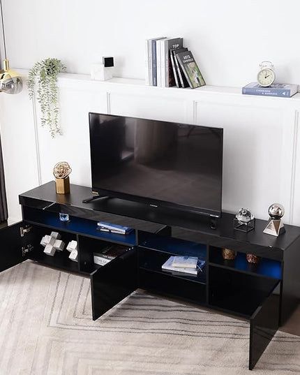 Merax LED TV Stand for 80" TVs with Multi-Functional Storage, Modern Television Cabinet Table Media Console with Drawer and Led Lights, High Glossy Entertainment Center for Living Room Bedroom, Black - LeafyLoom