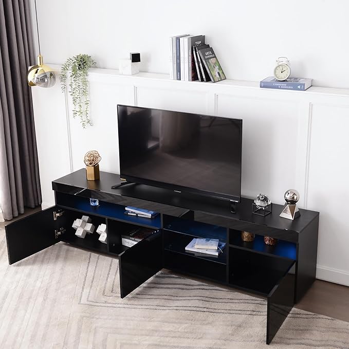 Merax LED TV Stand for 80" TVs with Multi-Functional Storage, Modern Television Cabinet Table Media Console with Drawer and Led Lights, High Glossy Entertainment Center for Living Room Bedroom, Black - LeafyLoom
