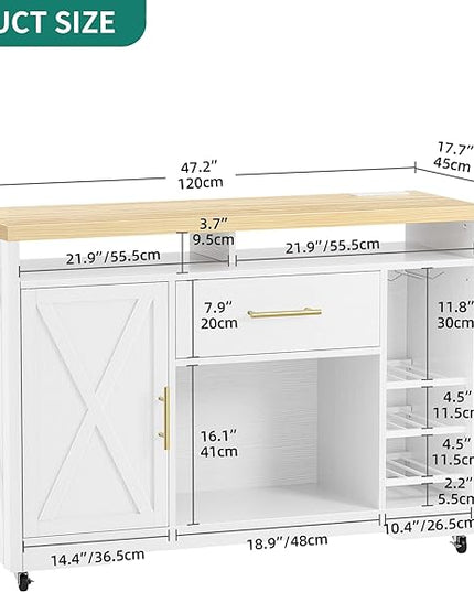 YITAHOME 53 Inch Large Kitchen Island with Power Outlet & Wine Storage, Portable Rolling Islands Cabinet on Wheels Farmhouse w Thick Table Top Drawer Glass Holder Spice Rack, White & Oak - LeafyLoom