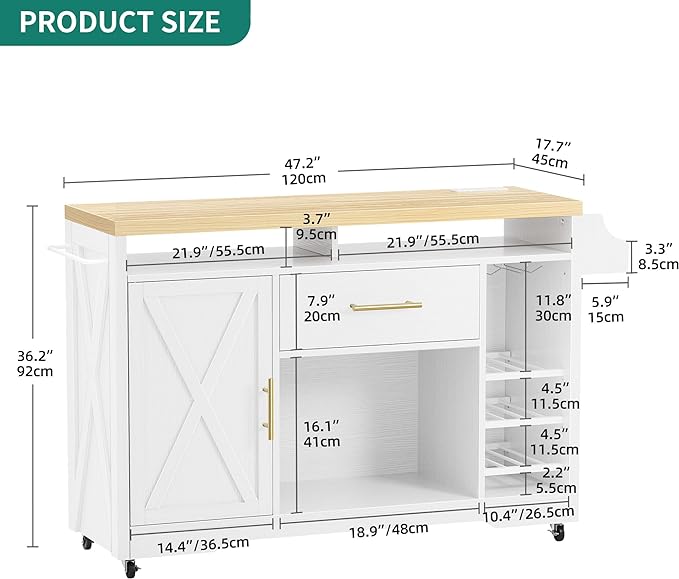 YITAHOME 53 Inch Large Kitchen Island with Power Outlet & Wine Storage, Portable Rolling Islands Cabinet on Wheels Farmhouse w Thick Table Top Drawer Glass Holder Spice Rack, White & Oak - LeafyLoom