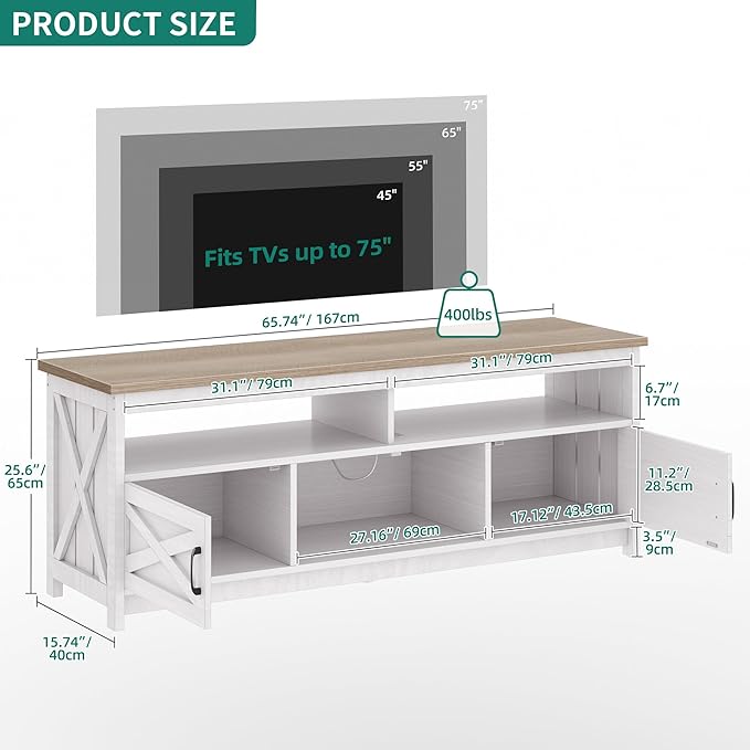 YITAHOME TV Stand for 75 Inch TV w/Power Outlets, Farmhouse Entertainment Center with Storage Cabinets, Rustic TV Cabinet Media Console Table for Living Room, 65'' Large TV Stand, Grey White/Grey Wash - LeafyLoom