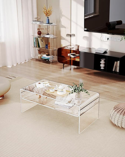 Acrylic Coffee Table for Living Room Clear Rectangle Lucite Table with Open Storage Shelf, Clear - LeafyLoom