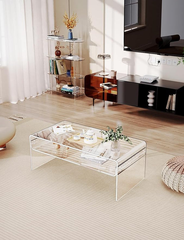Acrylic Coffee Table for Living Room Clear Rectangle Lucite Table with Open Storage Shelf, Clear - LeafyLoom