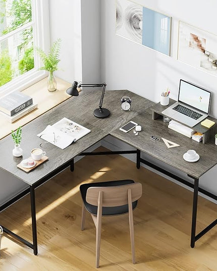 Elephance 59" Large L Shaped Desk Corner Computer Desk with Monitor Stand Gaming Table Workstation for Home Office, Black Oak - LeafyLoom