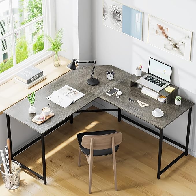 Elephance 59" Large L Shaped Desk Corner Computer Desk with Monitor Stand Gaming Table Workstation for Home Office, Black Oak - LeafyLoom
