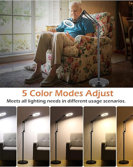 5X Magnifying Glass with Light and Stand, Krstlv LED 5 Color Modes, Stepless Dimmable Magnifying Floor Lamp, 3-in-1 Adjustable Swing Arm Lighted Magnifier Lamp with Clamp for Reading, Craft, Esthetic - LeafyLoom