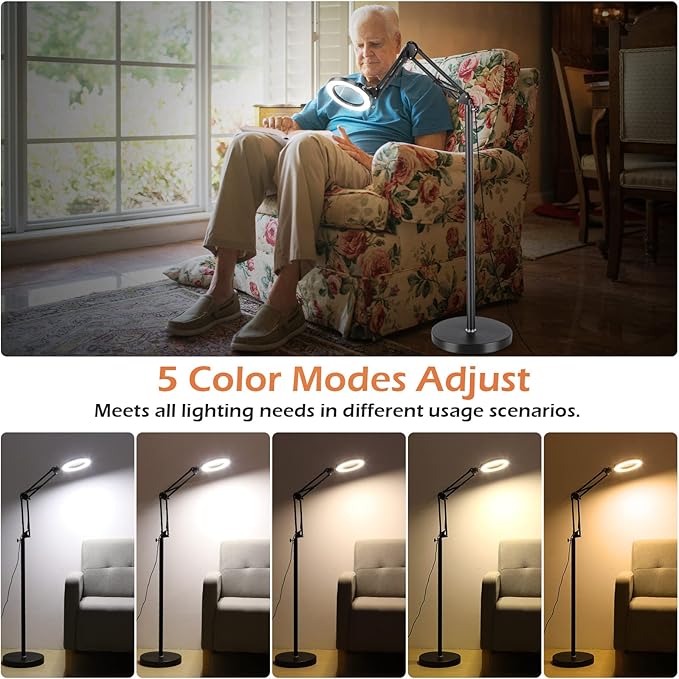5X Magnifying Glass with Light and Stand, Krstlv LED 5 Color Modes, Stepless Dimmable Magnifying Floor Lamp, 3-in-1 Adjustable Swing Arm Lighted Magnifier Lamp with Clamp for Reading, Craft, Esthetic - LeafyLoom