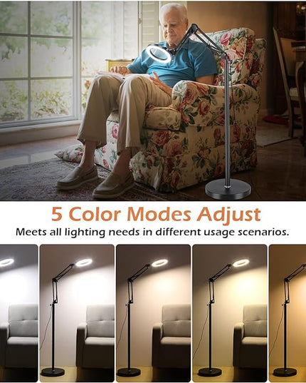 8X Magnifying Glass with Light and Stand, Krstlv LED 5 Color Modes, Stepless Dimmable Magnifying Floor Lamp, 3-in-1 Adjustable Swing Arm Lighted Magnifier Lamp with Clamp for Reading, Craft, Esthetic - LeafyLoom