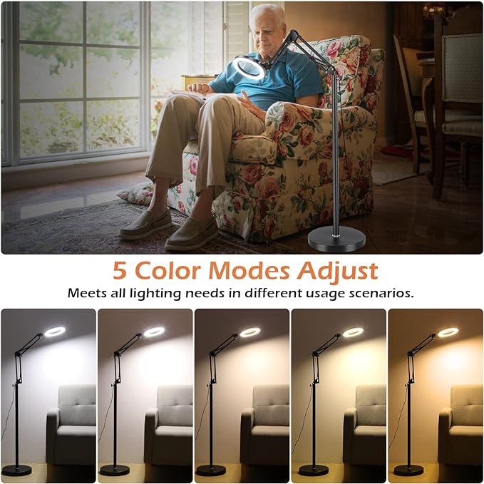 8X Magnifying Glass with Light and Stand, Krstlv LED 5 Color Modes, Stepless Dimmable Magnifying Floor Lamp, 3-in-1 Adjustable Swing Arm Lighted Magnifier Lamp with Clamp for Reading, Craft, Esthetic - LeafyLoom