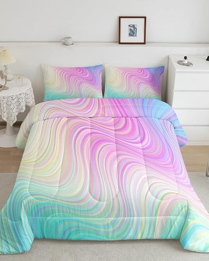 Pastel Rainbow Comforter Set with Pillowcases Abstract Wave Stripes 3D Printed Designs 3 Piece Bedroom Duvet Set Psychedelic Girl Bed Down Comforter for Kids Women Dorm Room (King,Coulourful Marble) - LeafyLoom