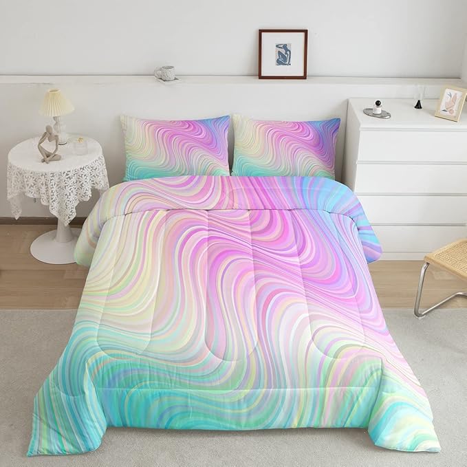 Pastel Rainbow Comforter Set with Pillowcases Abstract Wave Stripes 3D Printed Designs 3 Piece Bedroom Duvet Set Psychedelic Girl Bed Down Comforter for Kids Women Dorm Room (King,Coulourful Marble) - LeafyLoom