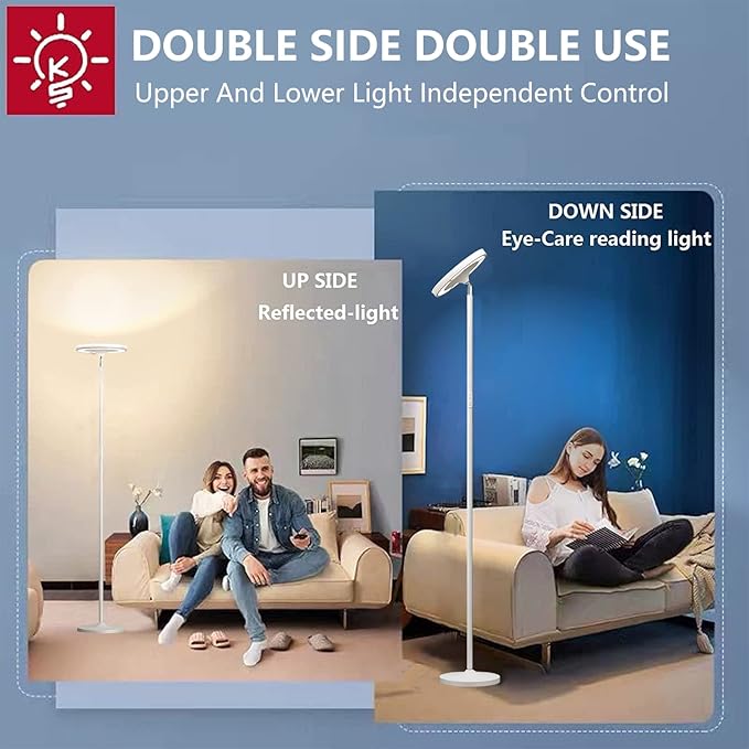 Keepsmile Double Side Lighting White Led Floor Lamp with Remote Smart App 36W 2600LM Bright Tall Standing RGB Angle Multicolor Dimmable Modern Floor Lamps for Living Room Bedroom Office - LeafyLoom