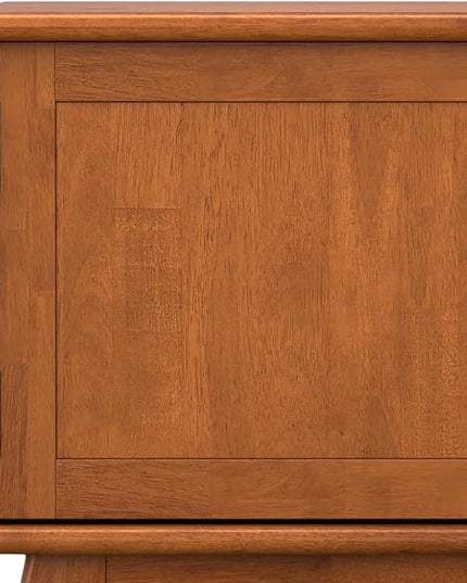 SIMPLIHOME Draper Solid Hardwood Wide Mid Century Modern Media Stand for TVs up to 80 inches for The Living Room and Entertainment Center, 72 inch, Teak Brown - LeafyLoom