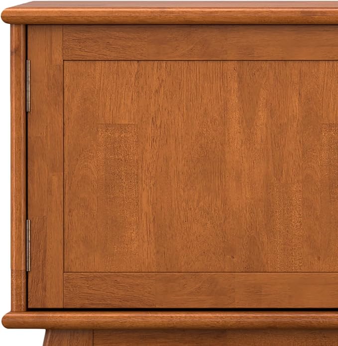 SIMPLIHOME Draper Solid Hardwood Wide Mid Century Modern Media Stand for TVs up to 80 inches for The Living Room and Entertainment Center, 72 inch, Teak Brown - LeafyLoom
