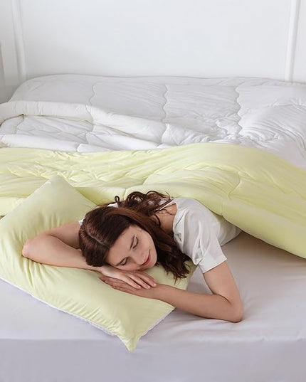 COTTEBED Reversible Queen Sized Bedding Comforter Sets - Cute Jersey Knit T-Shirt Feel Dual-Sided Full Down Comforters - Ultra-Soft Lightweight Quilt & 2 Pillow Shams All Season Use (Yellow and White) - LeafyLoom