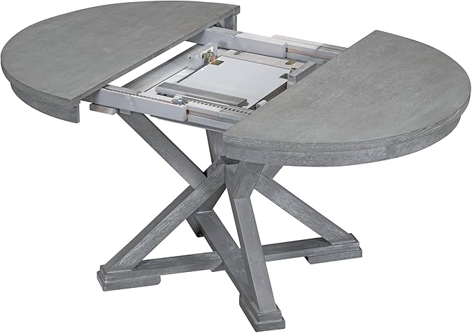 Merax Dining Set with Extendable Round Table and 4 Upholstered Chairs, Grey, 5-Piece Retro, Gray - LeafyLoom