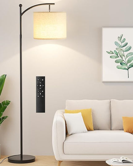 Ambimall Floor Lamp with Remote Control and Stepless Dimmable Bulb, Colors Temperature & Brightness Adjustable, Modern Floor Lamps for Living Room（Dark Beige Shade & Black Pole） - LeafyLoom
