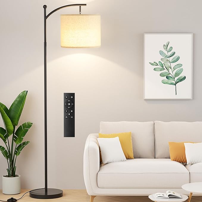 Ambimall Floor Lamp with Remote Control and Stepless Dimmable Bulb, Colors Temperature & Brightness Adjustable, Modern Floor Lamps for Living Room（Dark Beige Shade & Black Pole） - LeafyLoom