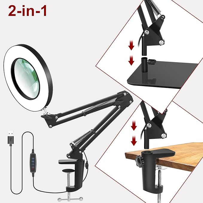 12X Magnifying Glass with Light and Stand,5 Inches 2-in-1 Lighted Magnifier with Clamp 5 Color Modes LED Desk Lamp,Hands Free for Craft Hobby Reading Painting Sewing Close Work (5 Inches) - LeafyLoom