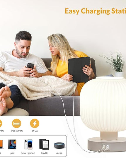 Touch Bedside Lamps,Table Lamps 3 Way Dimmable with USB C+A Charging Ports - Bedroom Nightstand & Living Room Essential, 9W Bulb Included - LeafyLoom