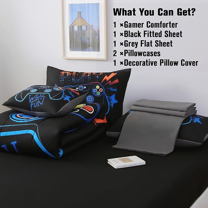 JQinHome Queen Gaming Comforter Sets for Boys,6 Piece Bed in A Bag 3D Video Game Bedding All Season Soft Microfiber Gamer Bedding Sets for Kids, Pillowcase, Flat Sheet, Fitted Sheet,Cushion Cover - LeafyLoom