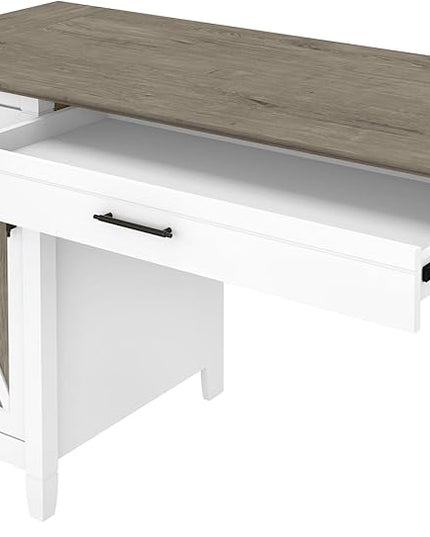 Bush Furniture Key West Computer Desk with Storage | Farmhouse PC Table for Home Office in Pure White and Shiplap Gray | 54W x 24D - LeafyLoom