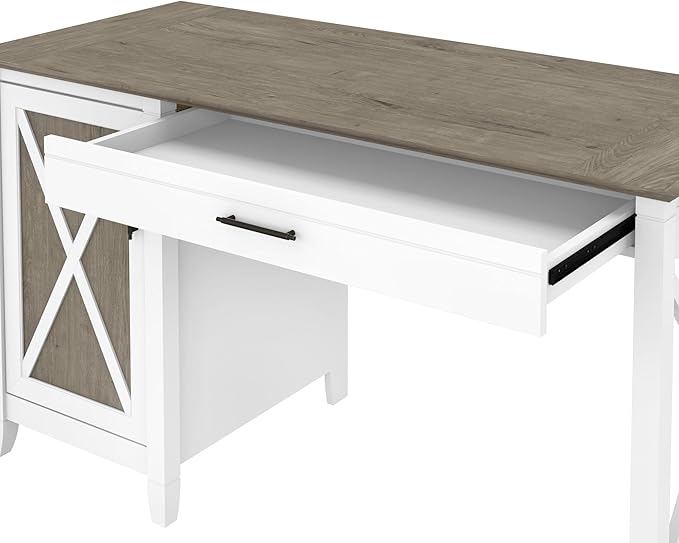 Bush Furniture Key West Computer Desk with Storage | Farmhouse PC Table for Home Office in Pure White and Shiplap Gray | 54W x 24D - LeafyLoom