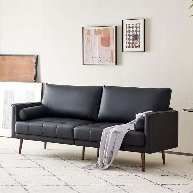 Vonanda Faux Leather Sofa Couch, Mid-Century 73 Inch 3 Seater Leather Couch with Wood Grain Metal Legs and Bolster Pillows for Living Room,Elegant Black - LeafyLoom