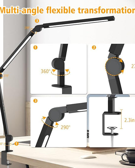 LED Desk Lamp with Clip, Multi-Angle Flexible 3-Segment 2-Light Source Office Desk Lamp, Clip-on Eye-Care 4 Color Temperature Modes&5 Brightness, Table Lamp for Home Office Studio Study Nail - LeafyLoom